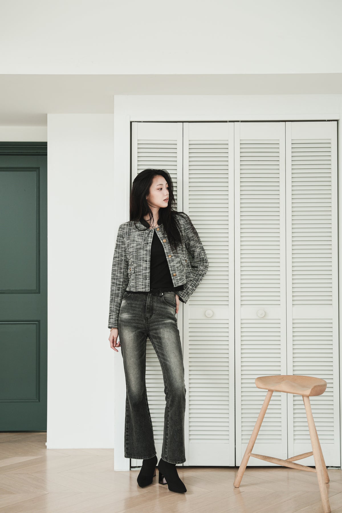 CROPPED TWEED JACKET - BLACK
