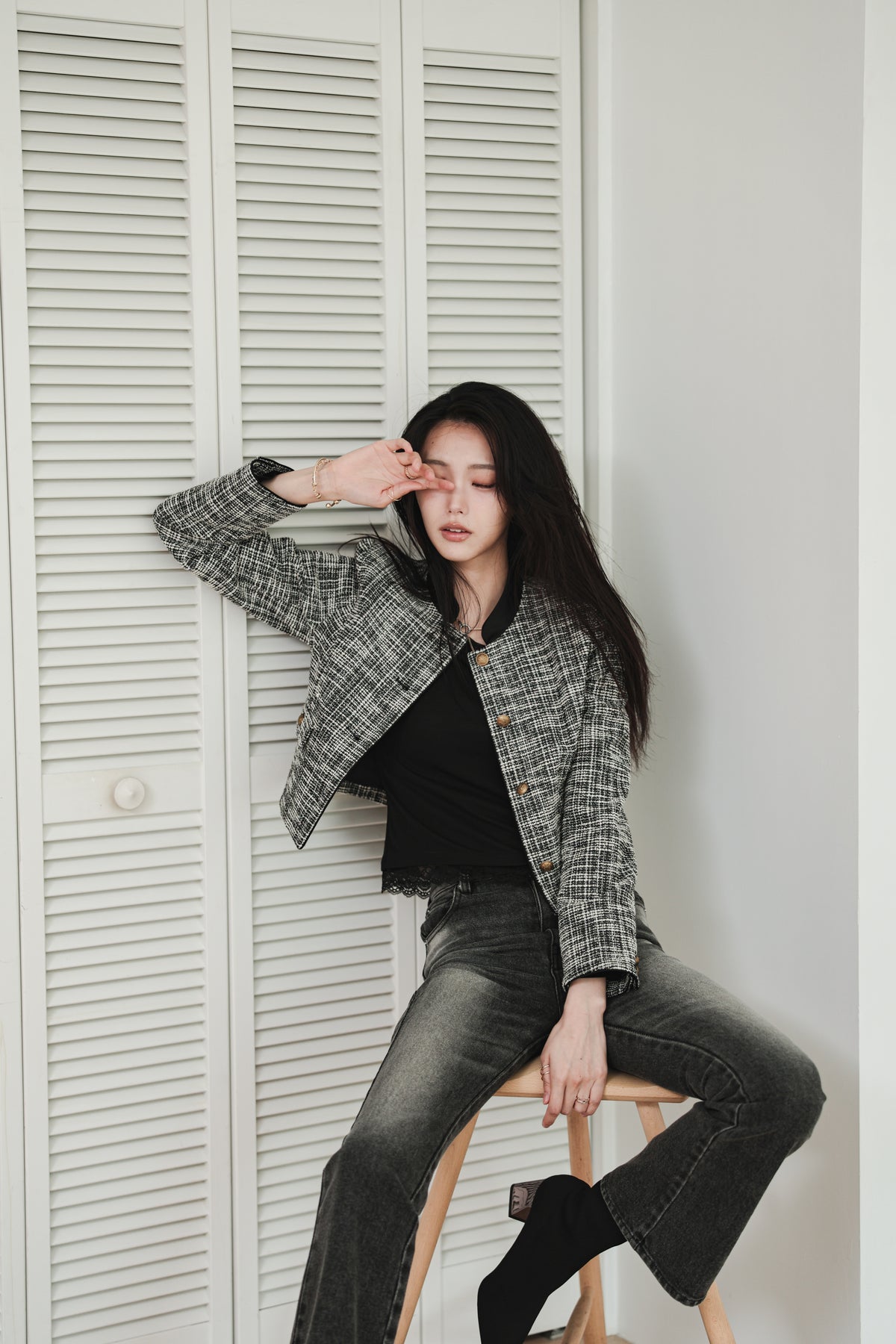 CROPPED TWEED JACKET - BLACK
