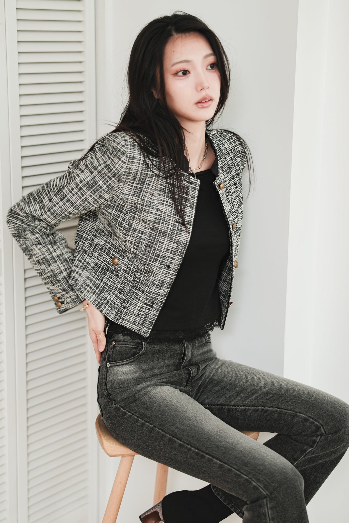 CROPPED TWEED JACKET - BLACK