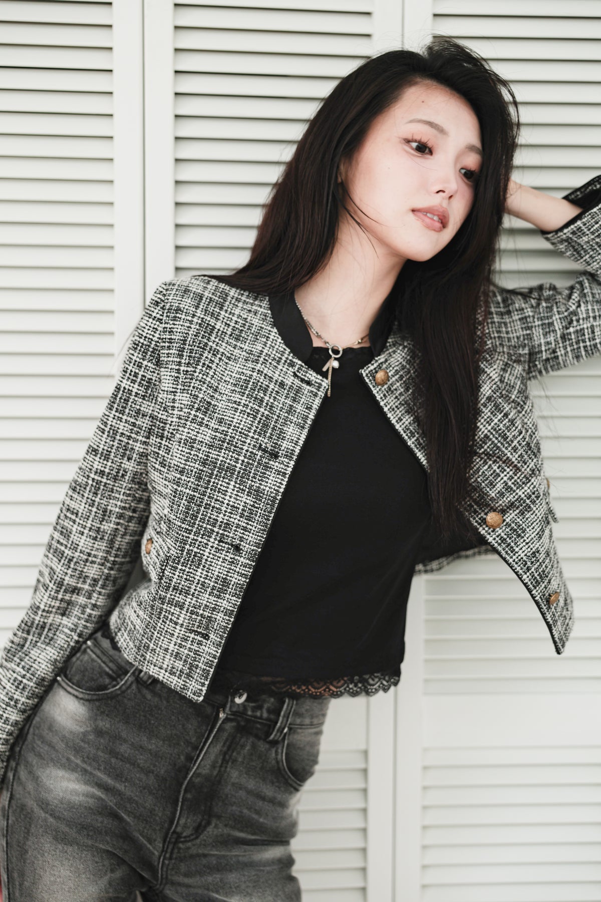 CROPPED TWEED JACKET - BLACK