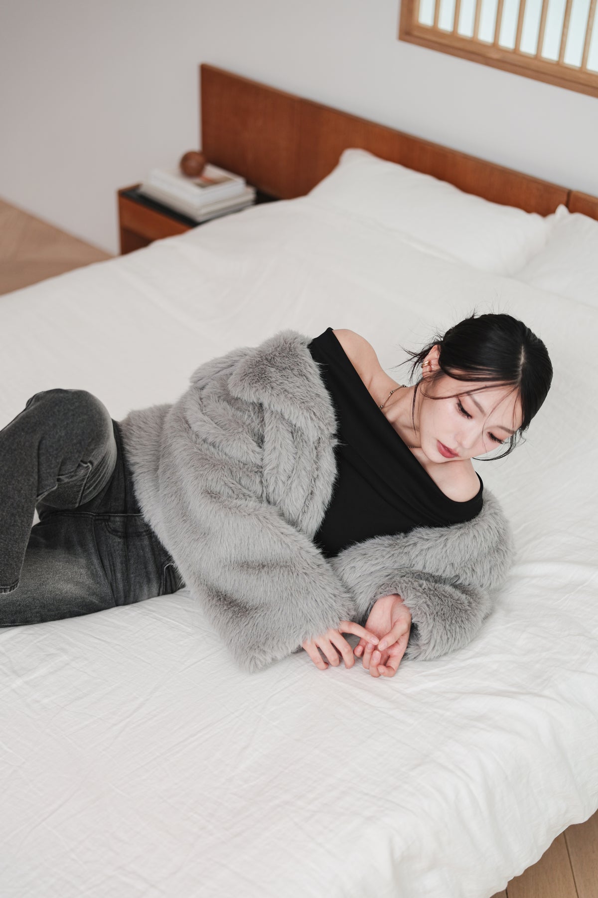 MIDI FAUX FUR COAT - GRAY