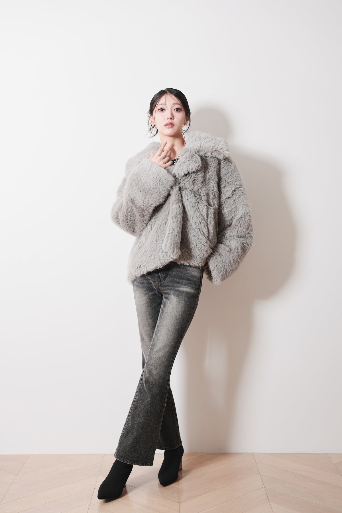 MIDI FAUX FUR COAT - GRAY