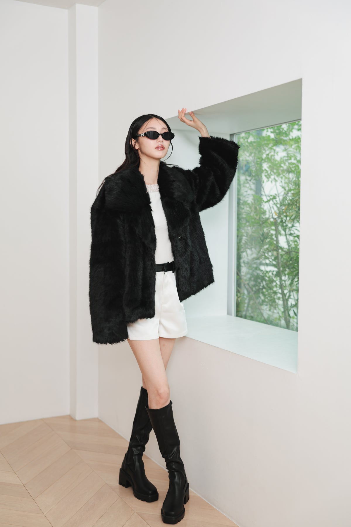MIDI FAUX FUR COAT - BLACK