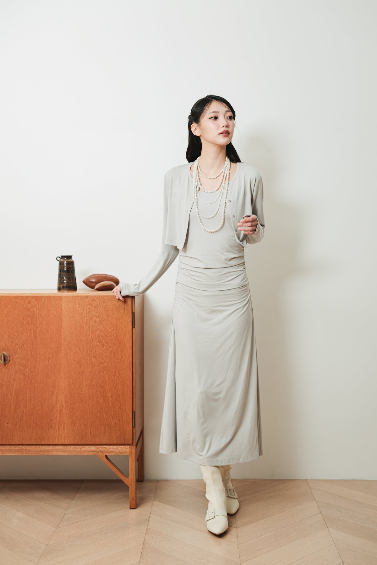 CROPPED CARDIGAN & GATHERED DRESS