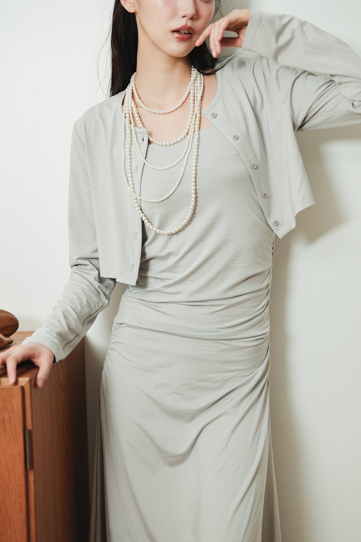 CROPPED CARDIGAN & GATHERED DRESS
