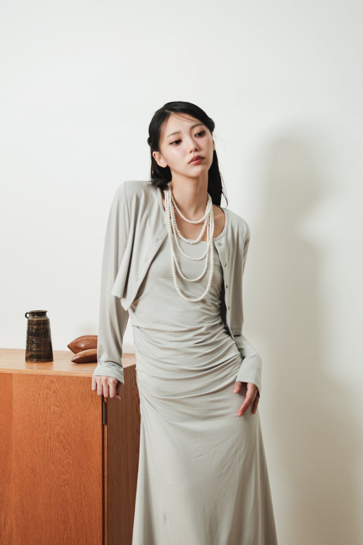 CROPPED CARDIGAN & GATHERED DRESS