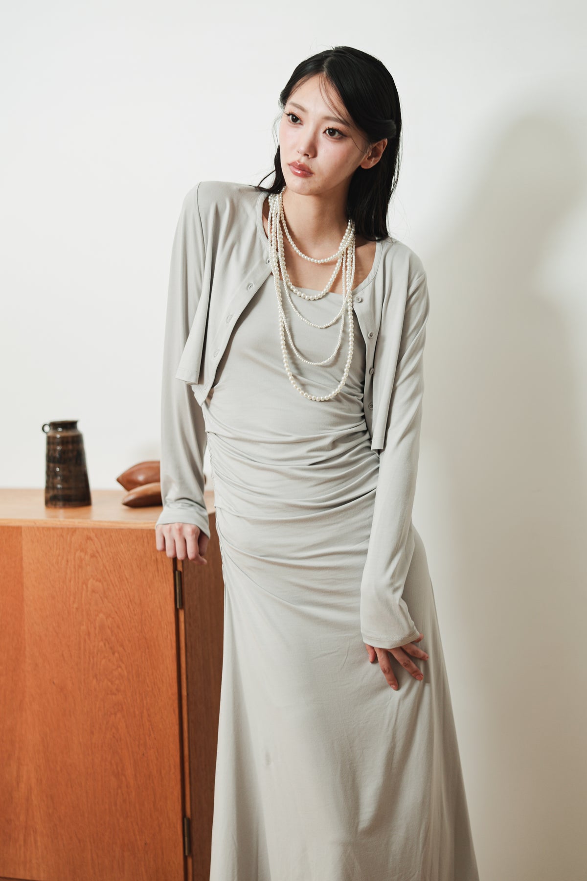 CROPPED CARDIGAN & GATHERED DRESS