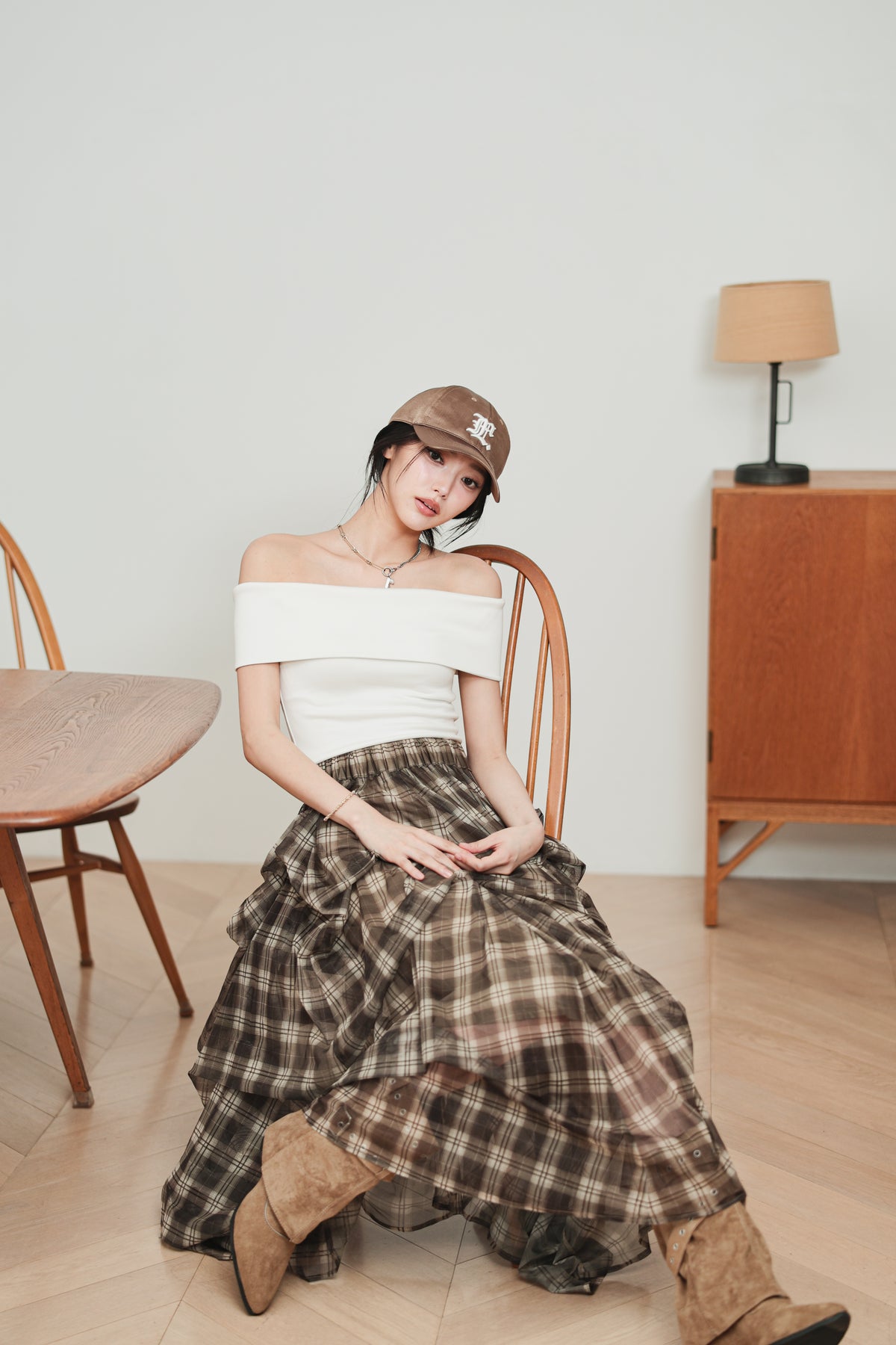 CHECK TULLE SKIRT - BROWN