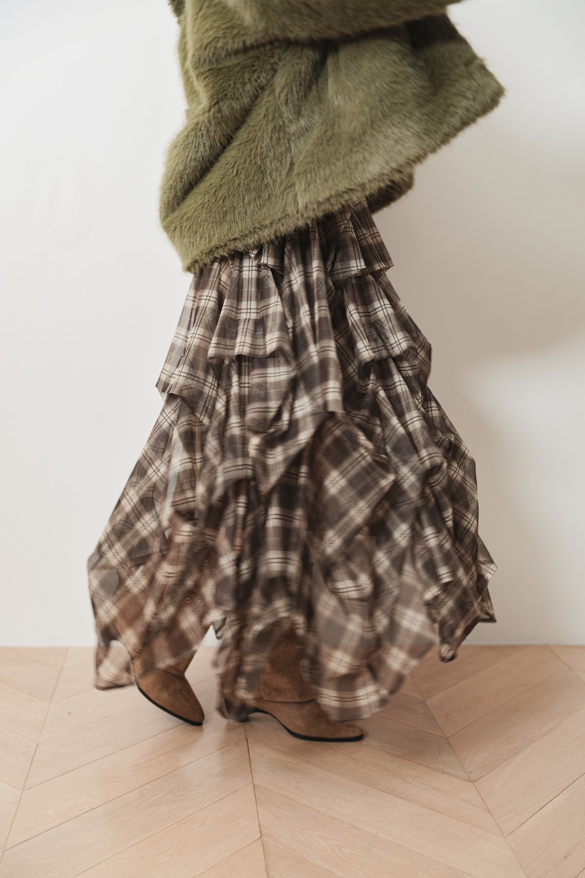 CHECK TULLE SKIRT - BROWN