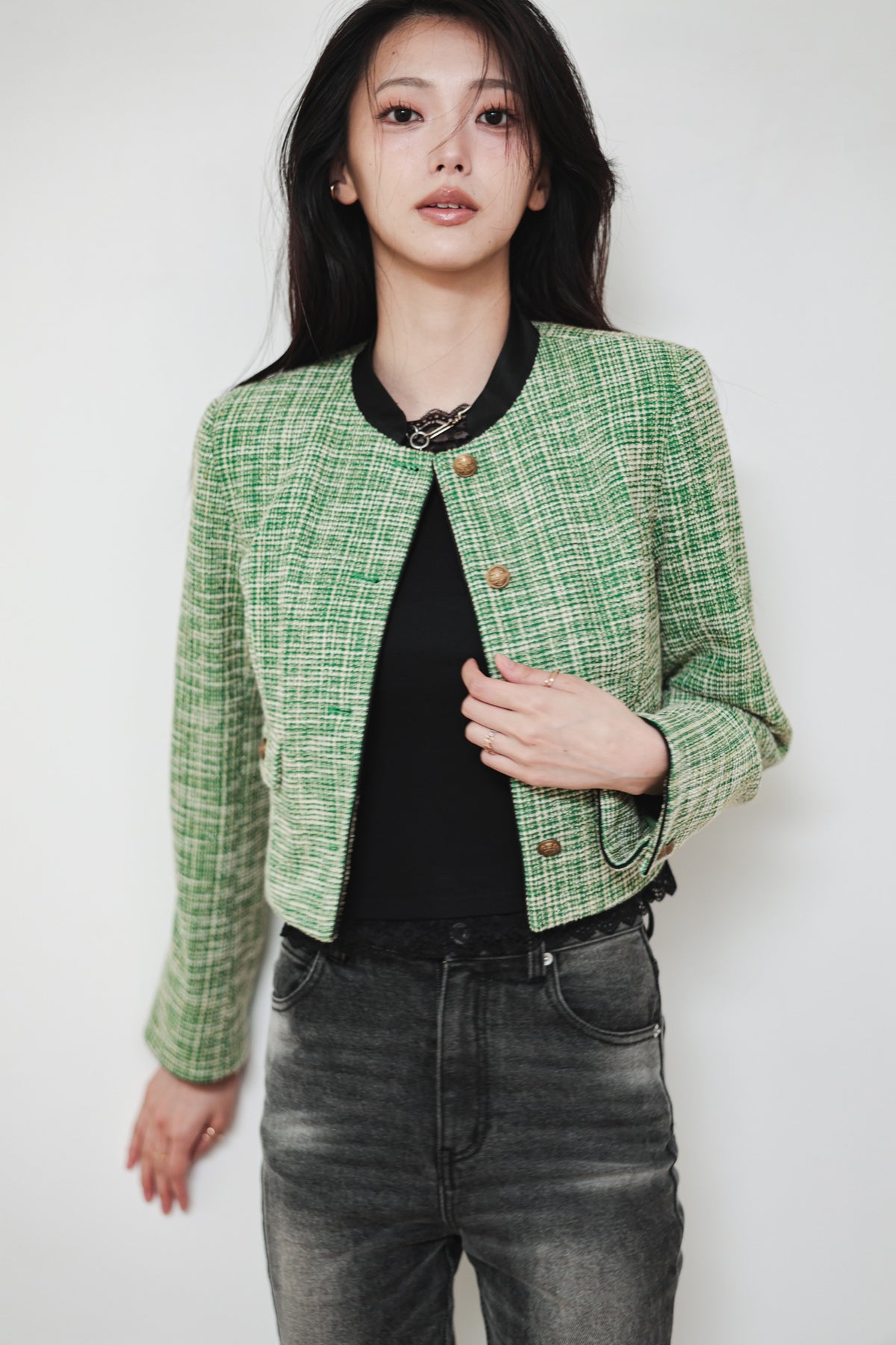 CROPPED TWEED JACKET - GREEN