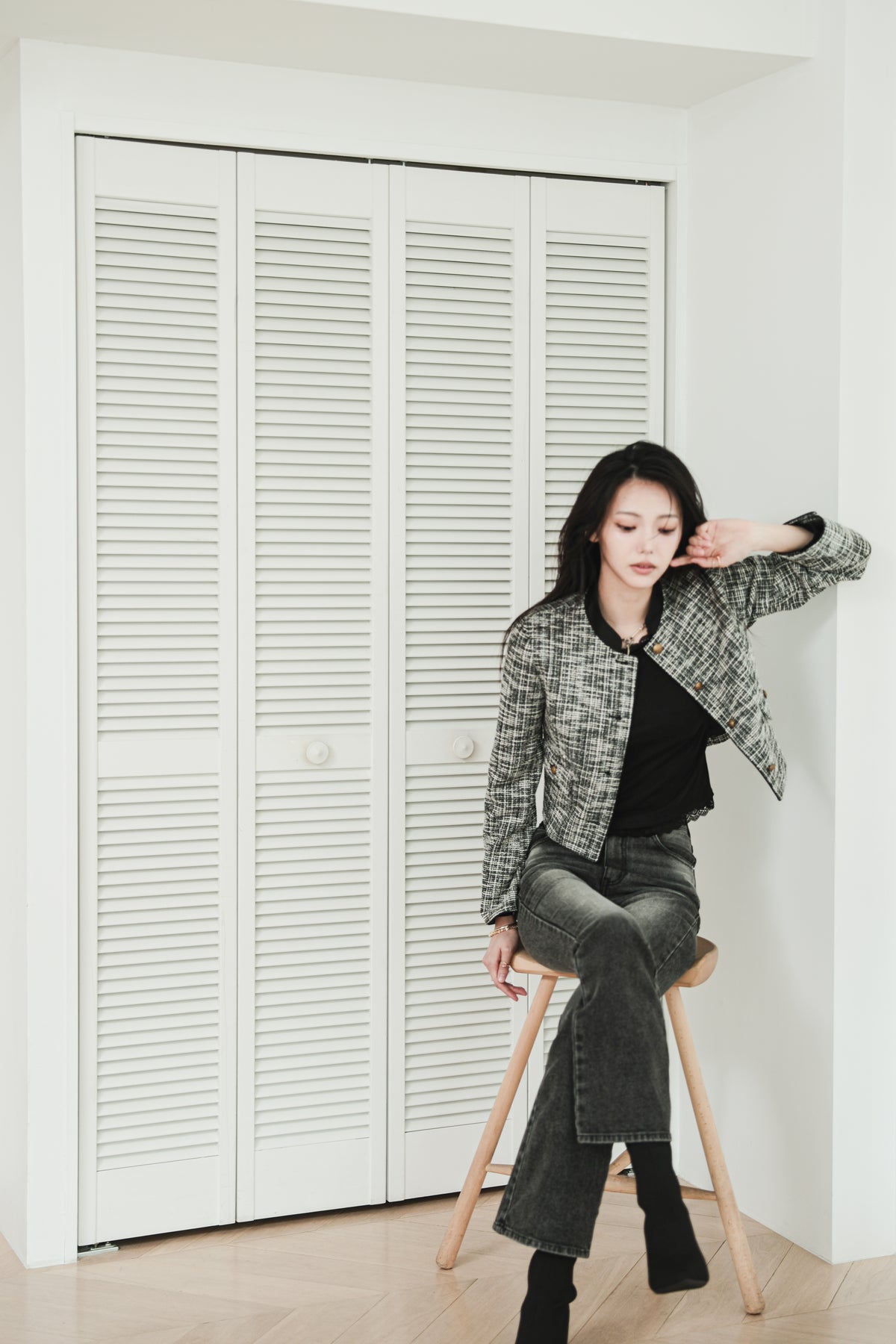 CROPPED TWEED JACKET - BLACK