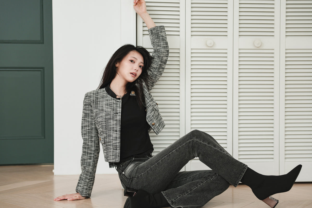 CROPPED TWEED JACKET - BLACK
