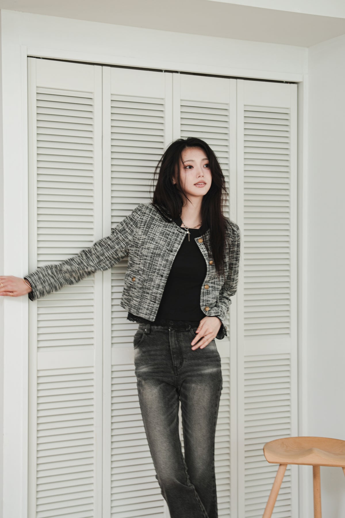 CROPPED TWEED JACKET - BLACK