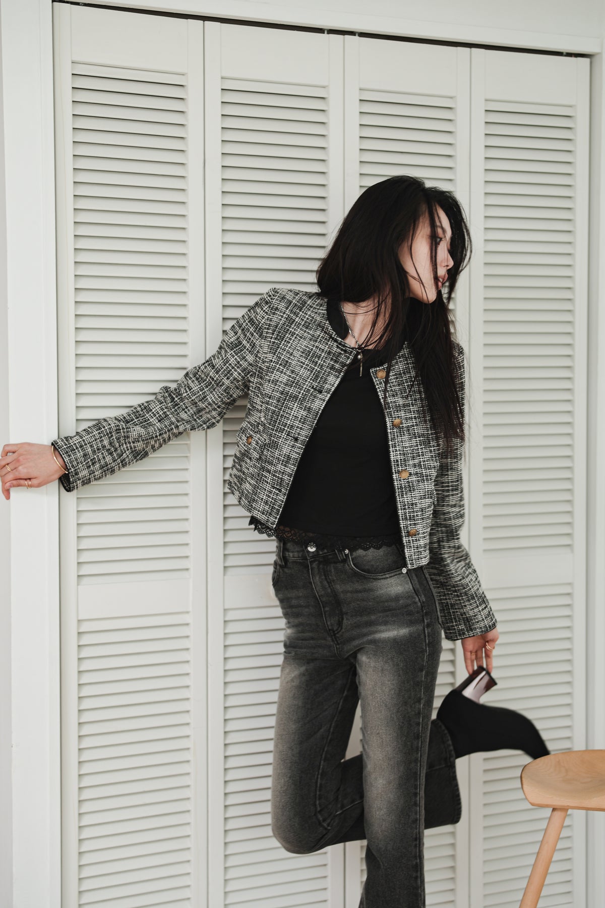 CROPPED TWEED JACKET - BLACK