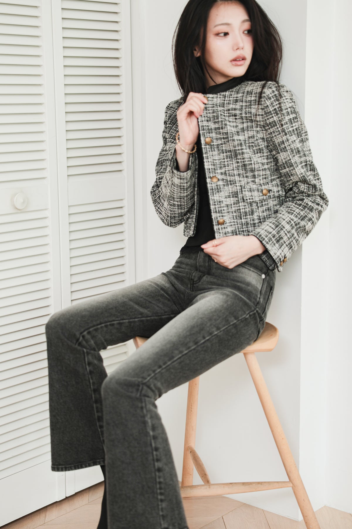 CROPPED TWEED JACKET - BLACK