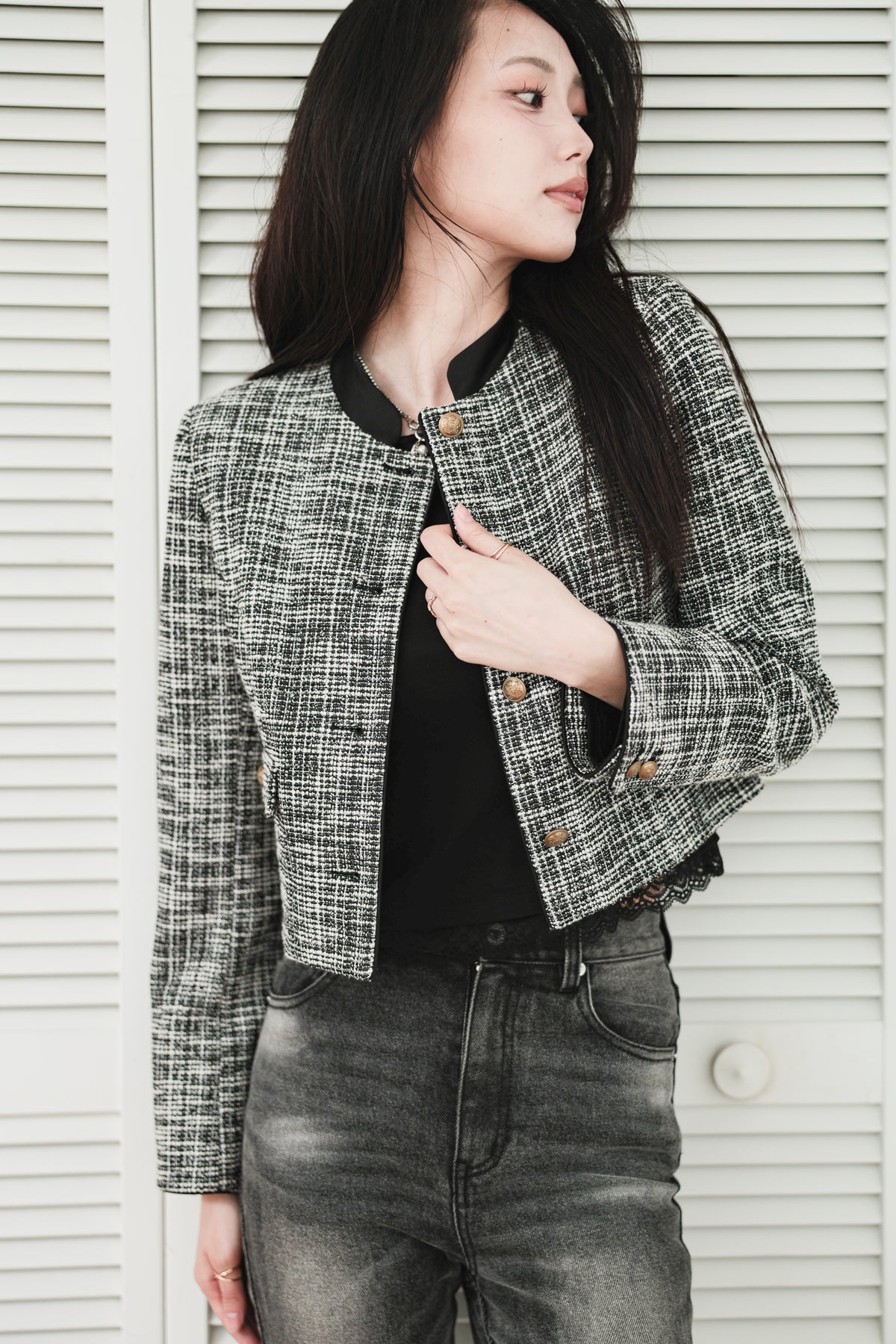 CROPPED TWEED JACKET - BLACK