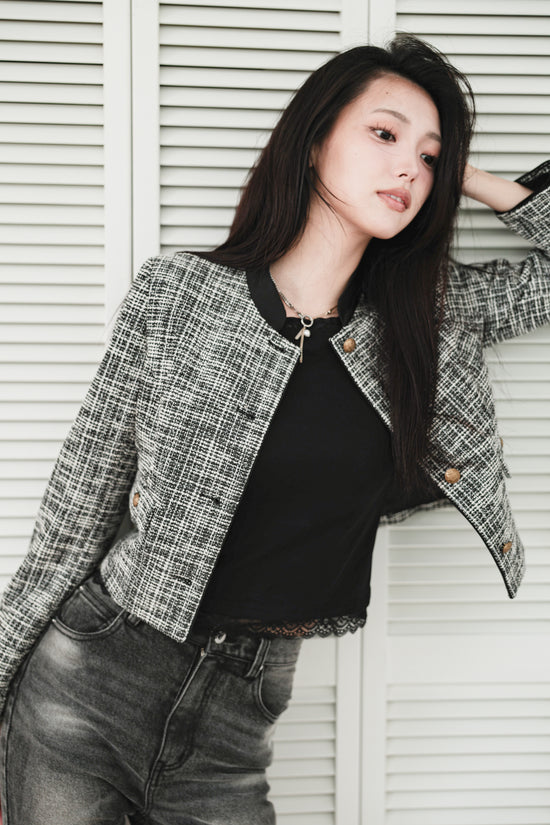 CROPPED TWEED JACKET - BLACK