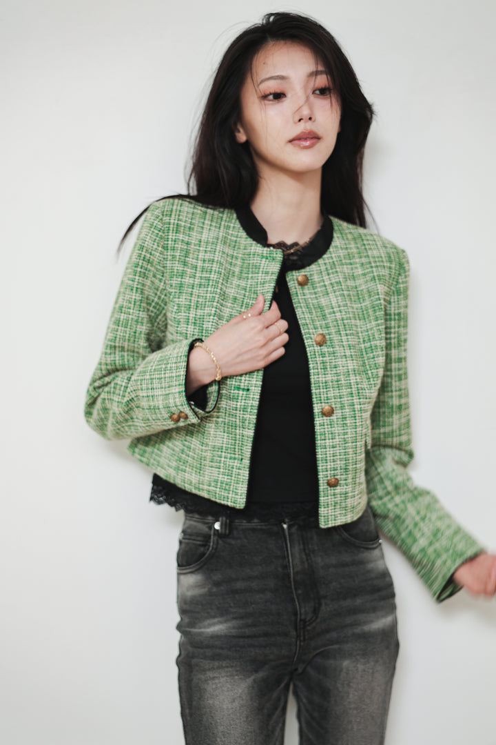 CROPPED TWEED JACKET - GREEN