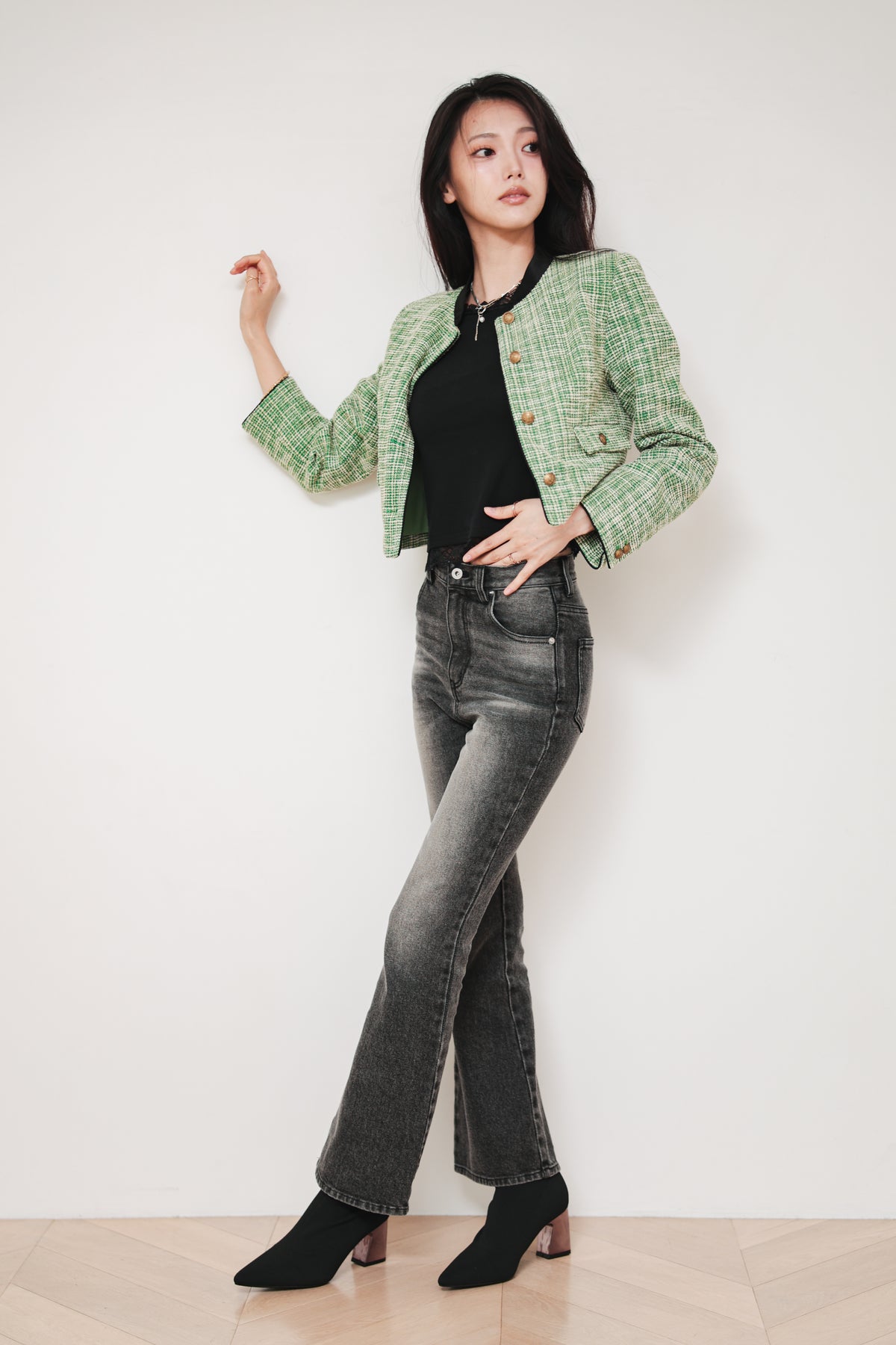 CROPPED TWEED JACKET - GREEN