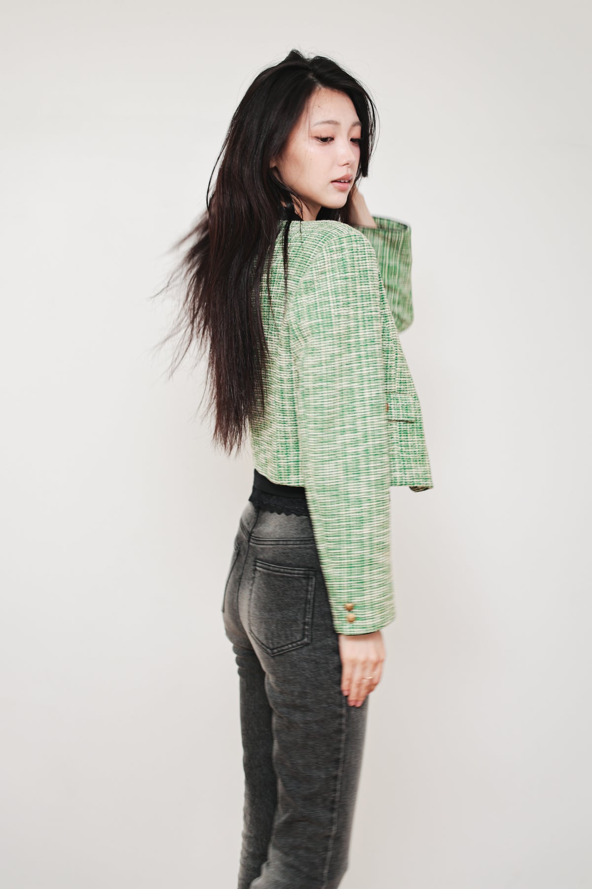 CROPPED TWEED JACKET - GREEN