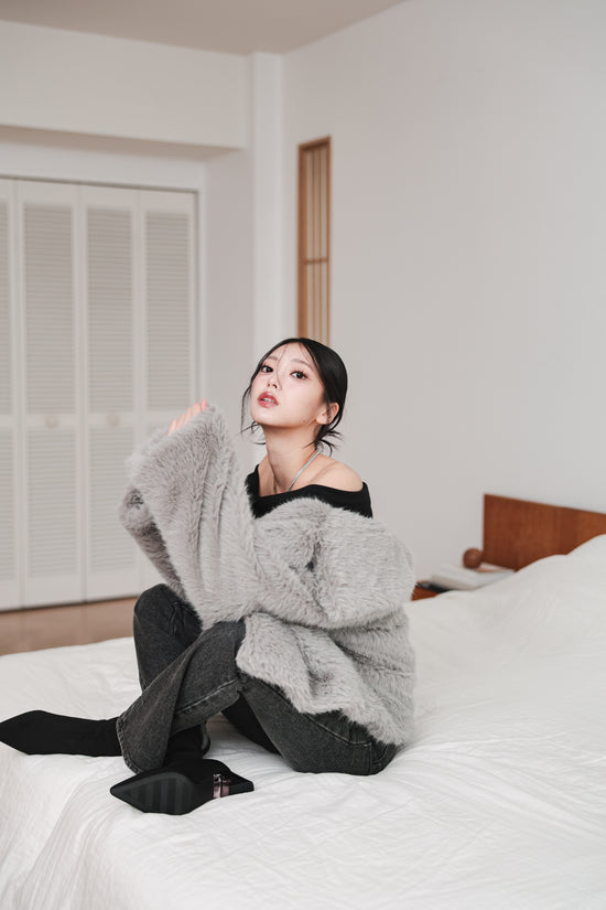 MIDI FAUX FUR COAT - GRAY