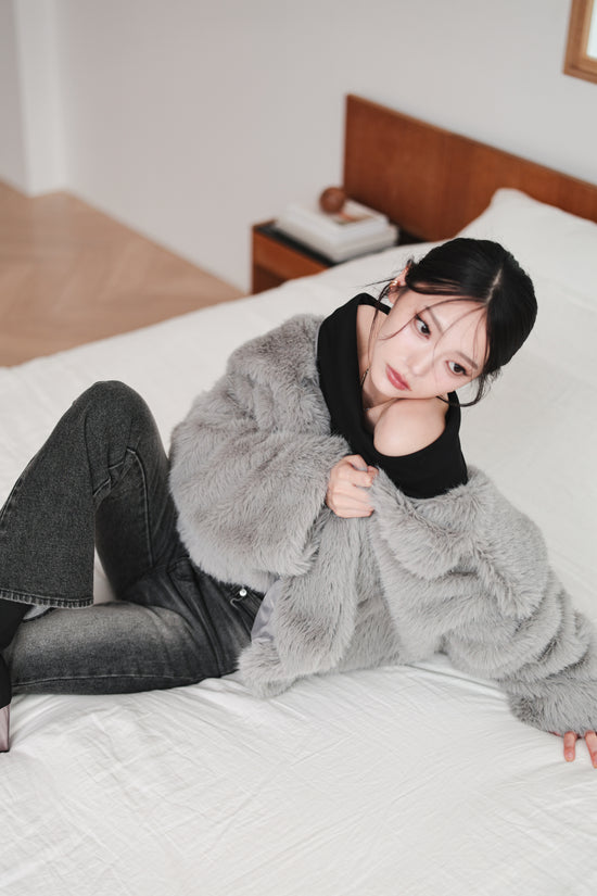 MIDI FAUX FUR COAT - GRAY