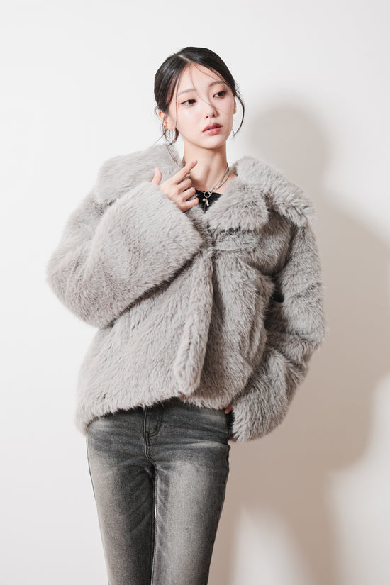MIDI FAUX FUR COAT - GRAY