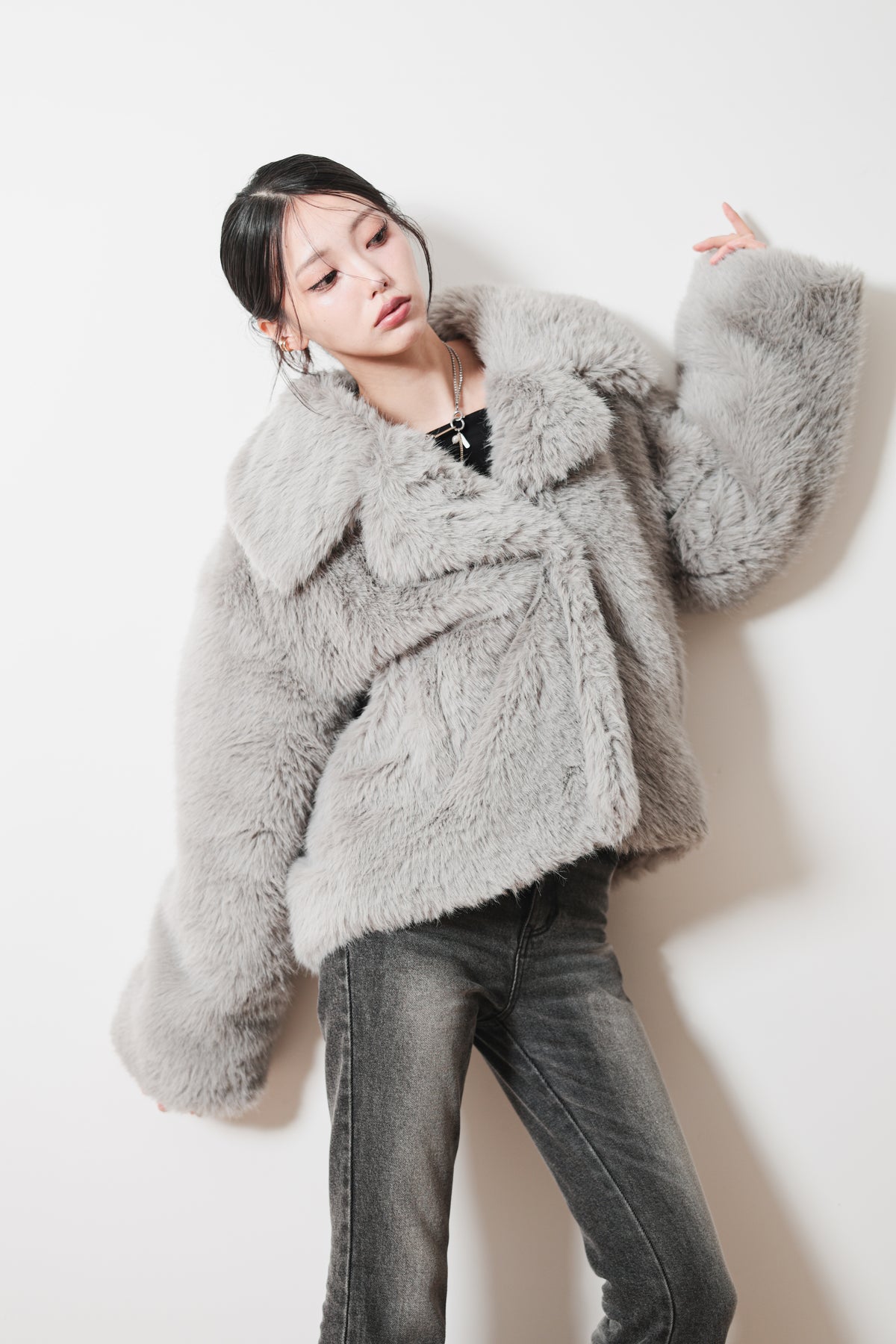 MIDI FAUX FUR COAT - GRAY