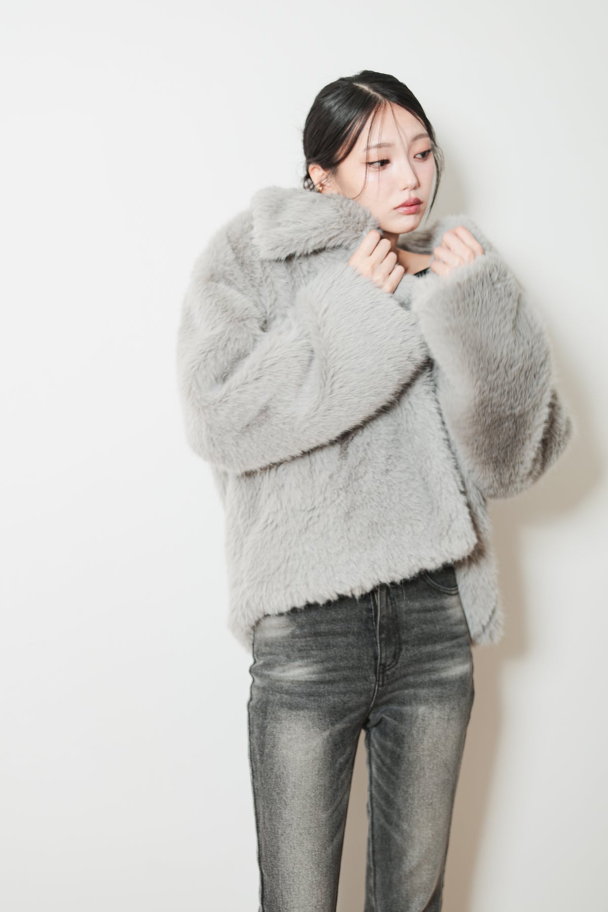 MIDI FAUX FUR COAT - GRAY