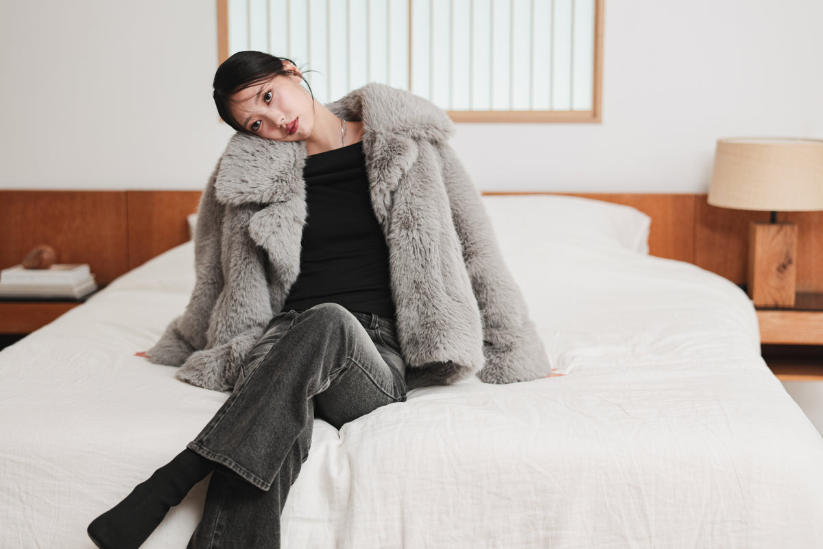 MIDI FAUX FUR COAT - GRAY
