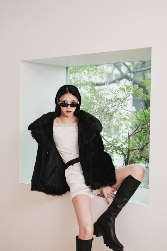 MIDI FAUX FUR COAT - BLACK