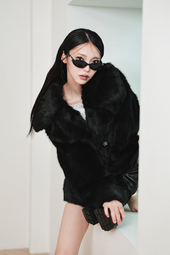 MIDI FAUX FUR COAT - BLACK