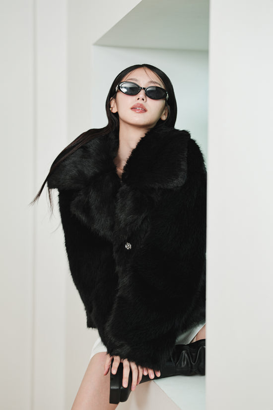 MIDI FAUX FUR COAT - BLACK