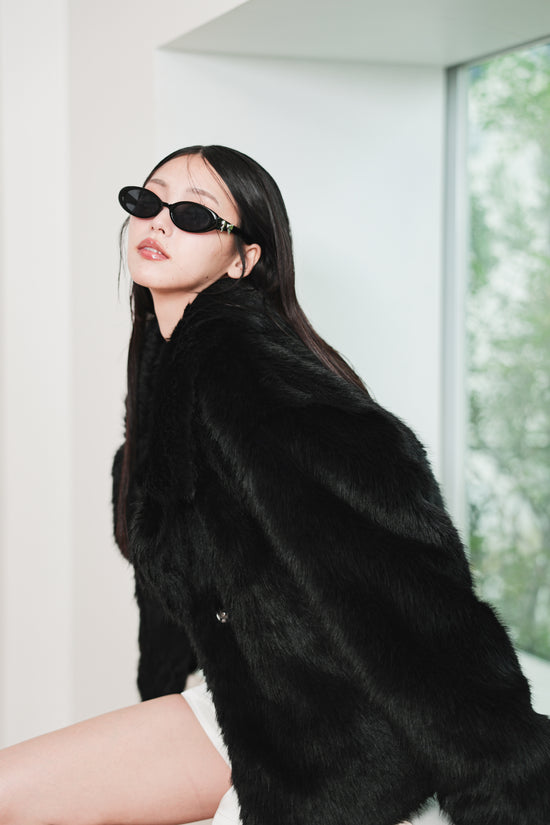 MIDI FAUX FUR COAT - BLACK