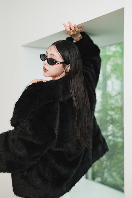 MIDI FAUX FUR COAT - BLACK