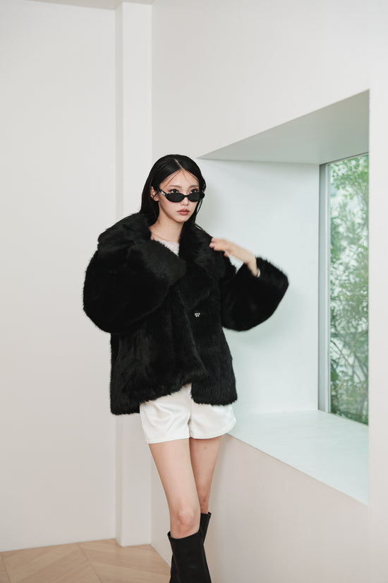 MIDI FAUX FUR COAT - BLACK