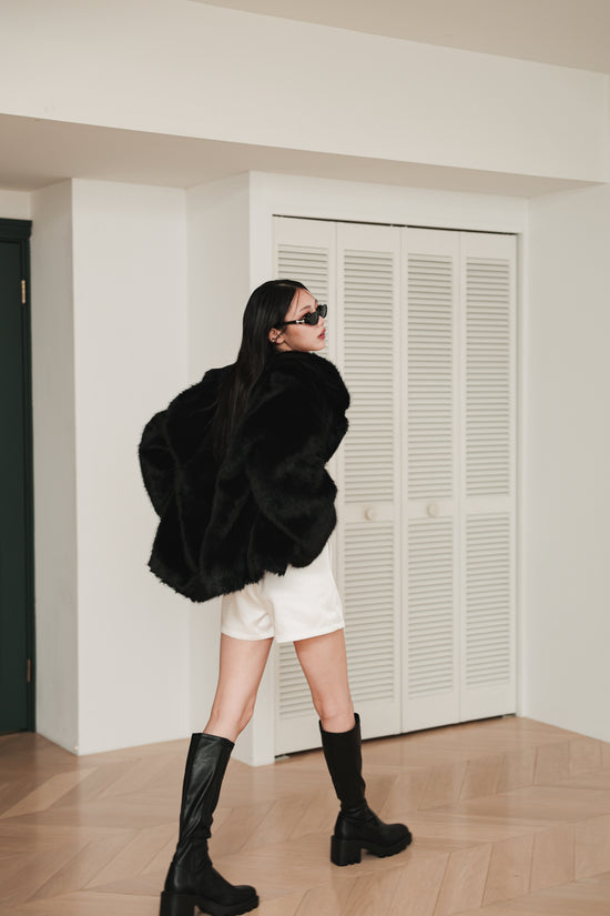MIDI FAUX FUR COAT - BLACK