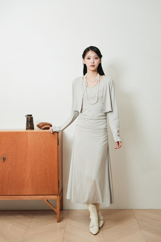 CROPPED CARDIGAN & GATHERED DRESS