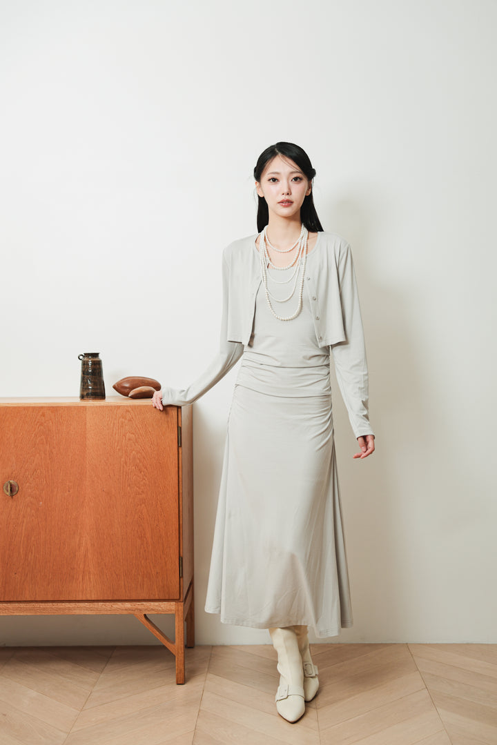 CROPPED CARDIGAN & GATHERED DRESS