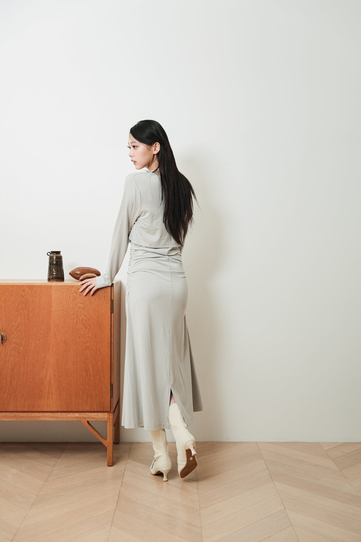 CROPPED CARDIGAN & GATHERED DRESS