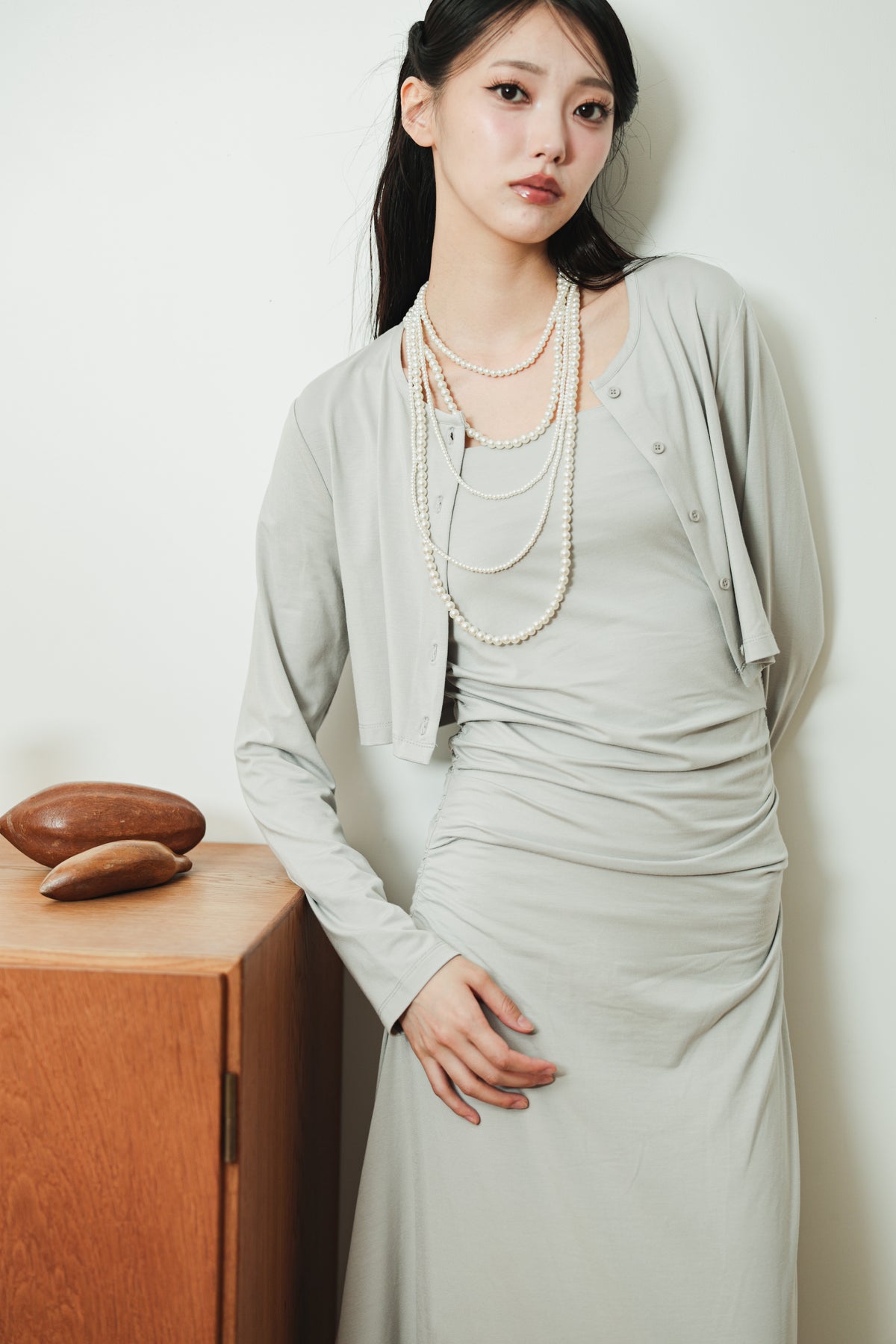 CROPPED CARDIGAN & GATHERED DRESS