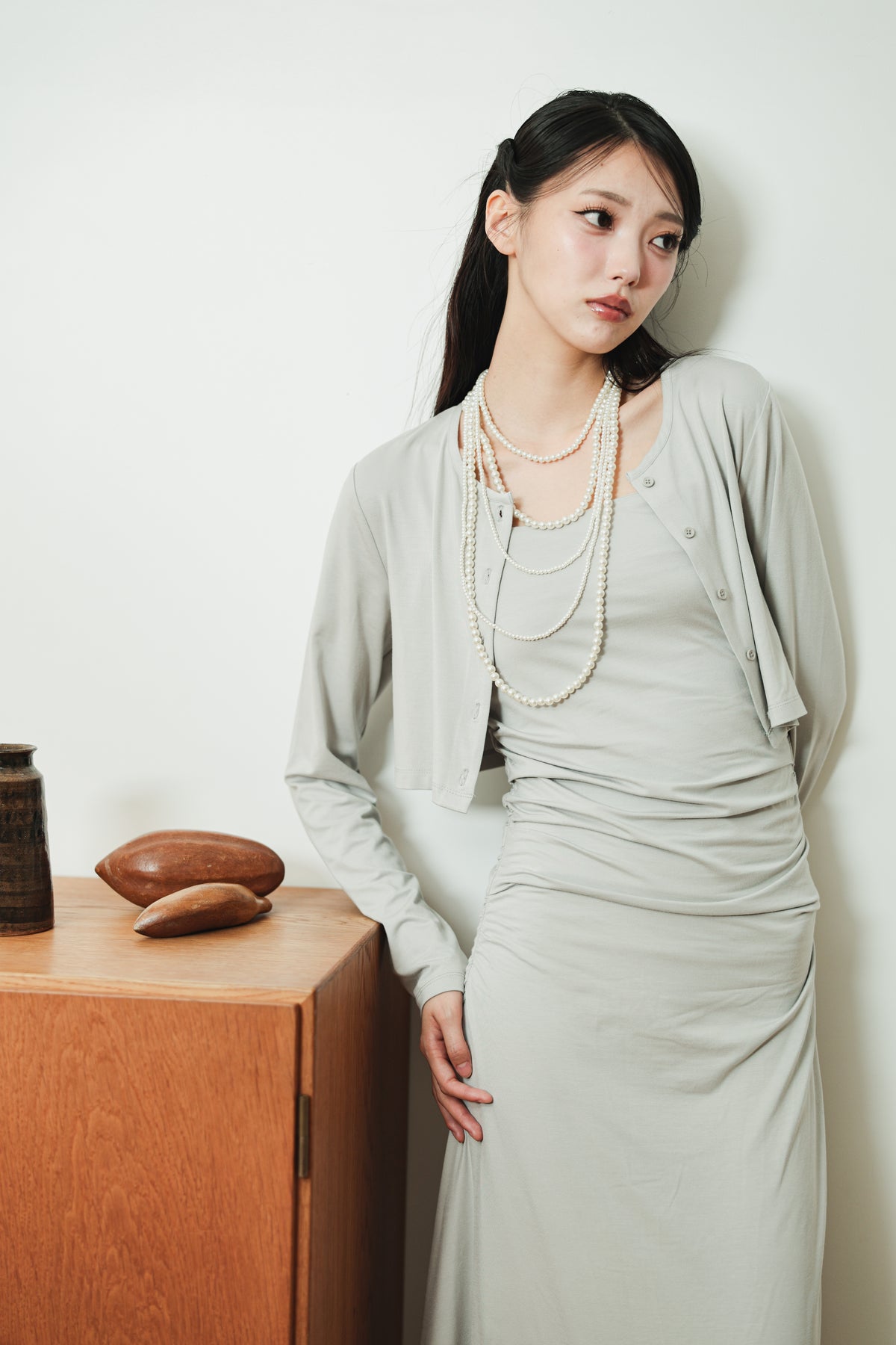 CROPPED CARDIGAN & GATHERED DRESS