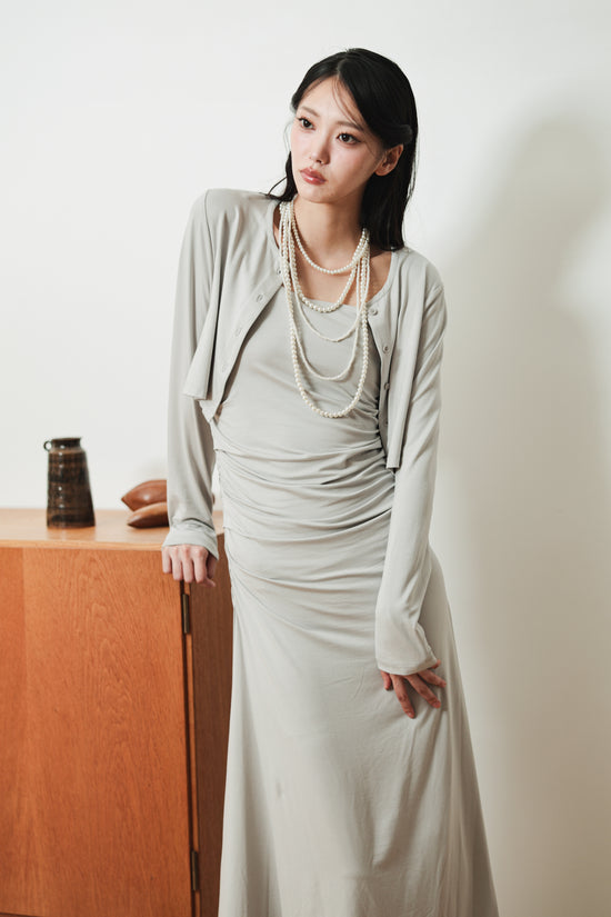 CROPPED CARDIGAN & GATHERED DRESS