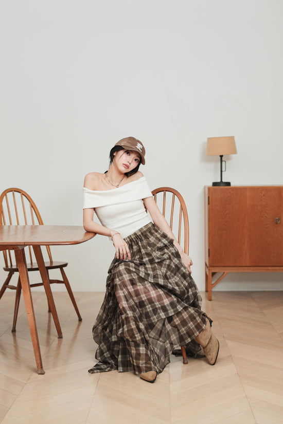 CHECK TULLE SKIRT - BROWN