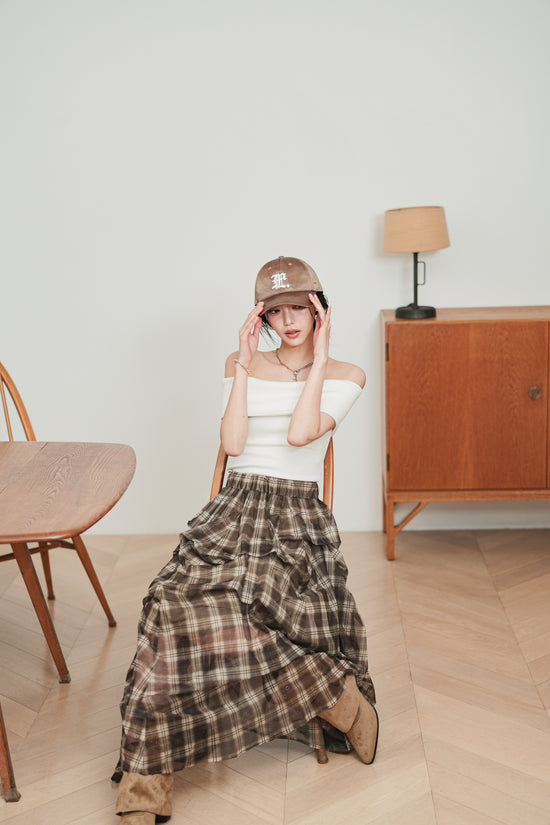 CHECK TULLE SKIRT - BROWN