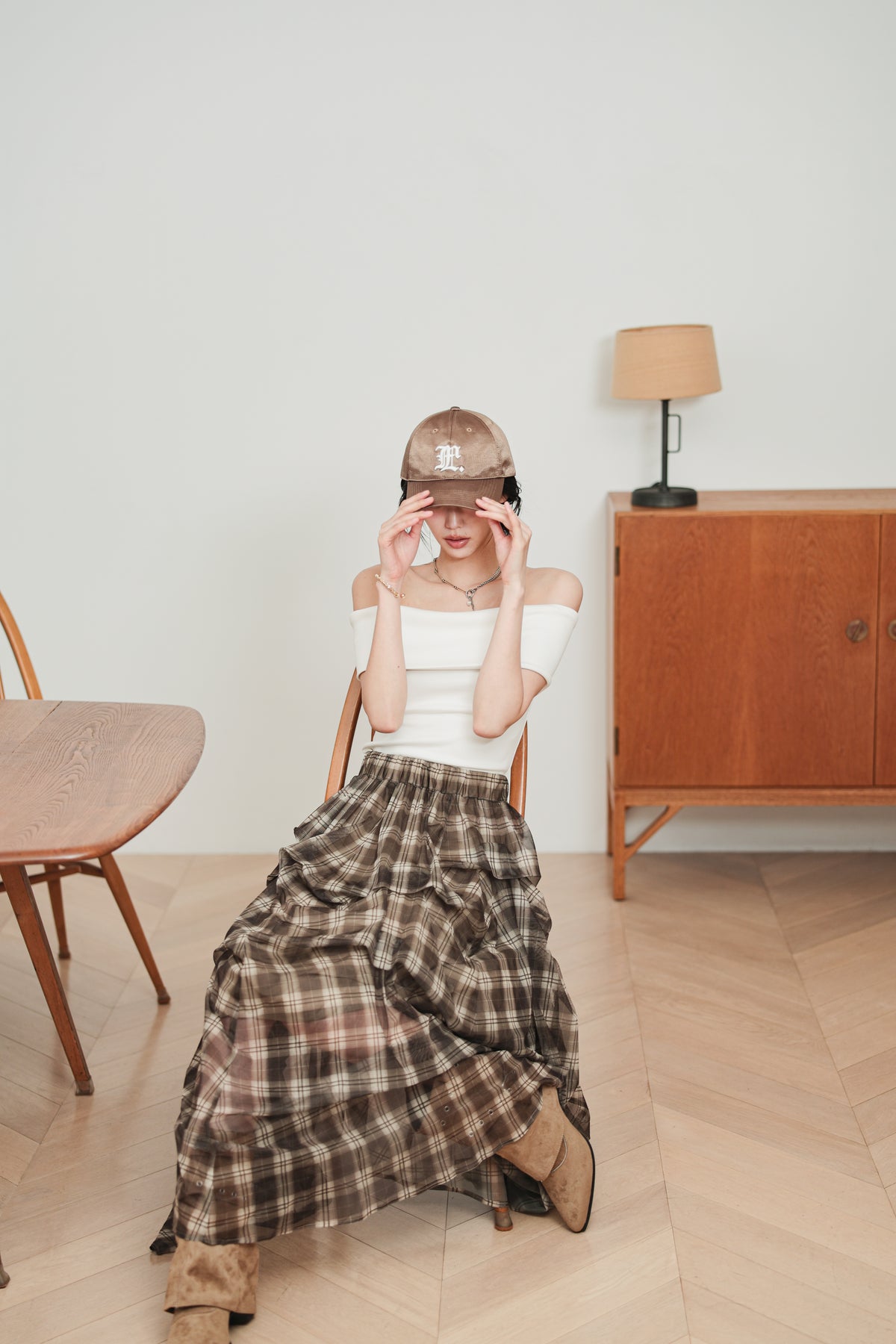 CHECK TULLE SKIRT - BROWN