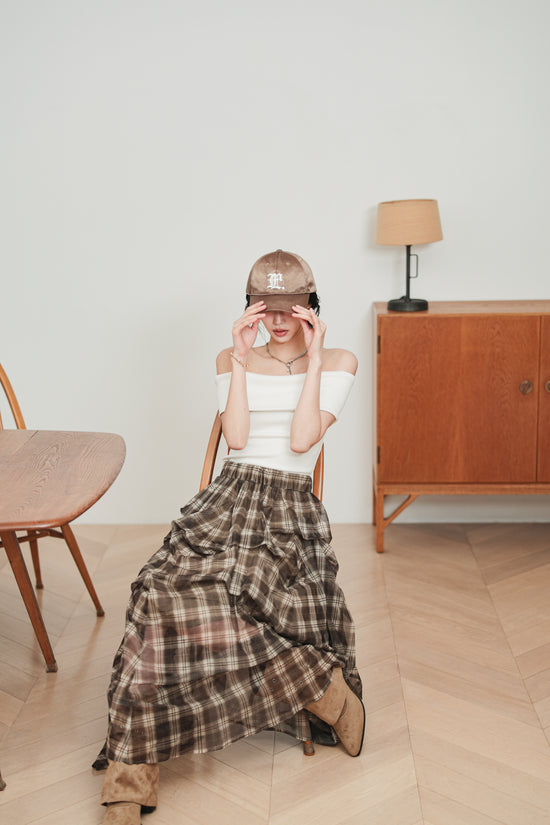 CHECK TULLE SKIRT - BROWN