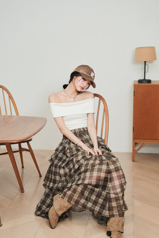 CHECK TULLE SKIRT - BROWN