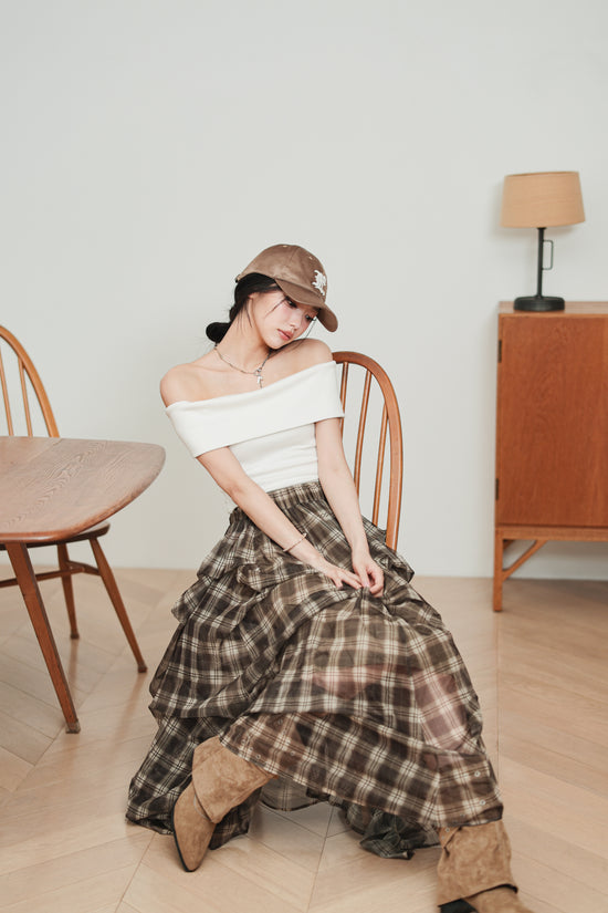 CHECK TULLE SKIRT - BROWN