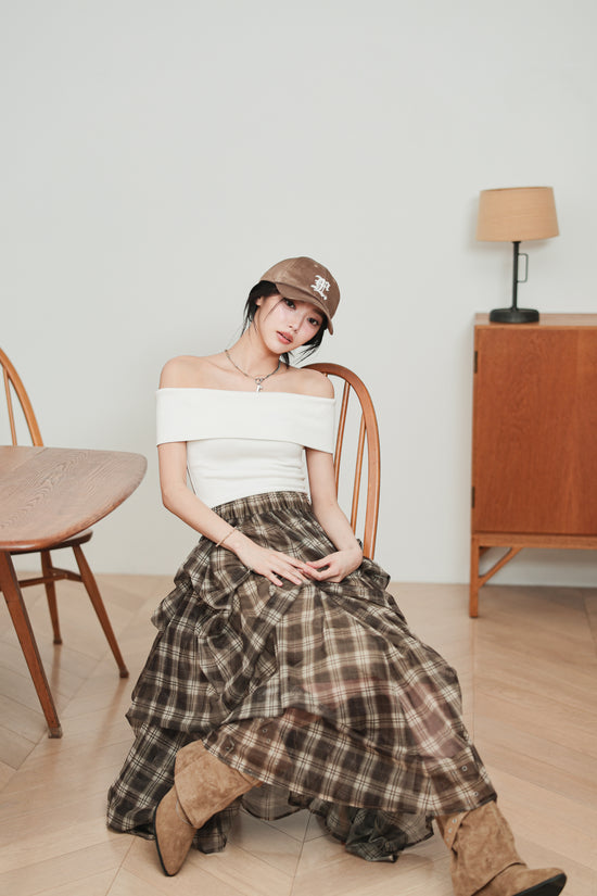 CHECK TULLE SKIRT - BROWN